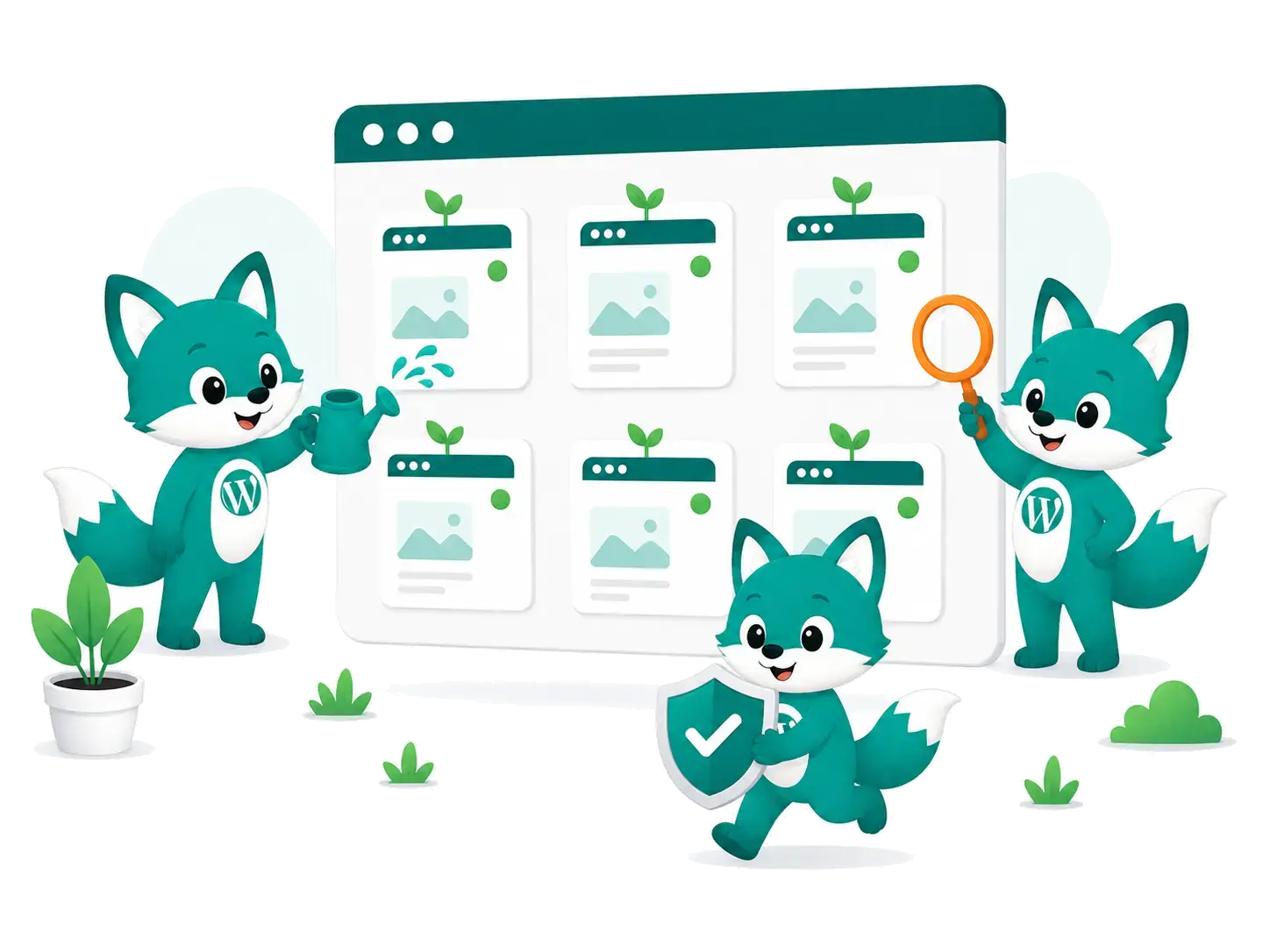 Fox mascots tending a dashboard of WordPress sites