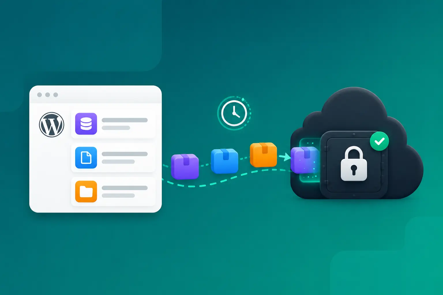 Illustration of a website streaming its backup into a locked cloud vault