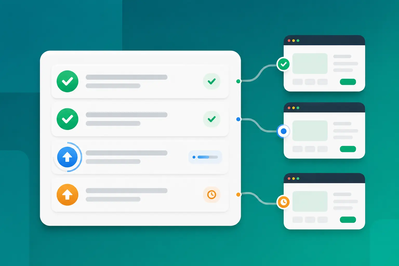 Illustration of pending updates across several sites turning into completed checkmarks