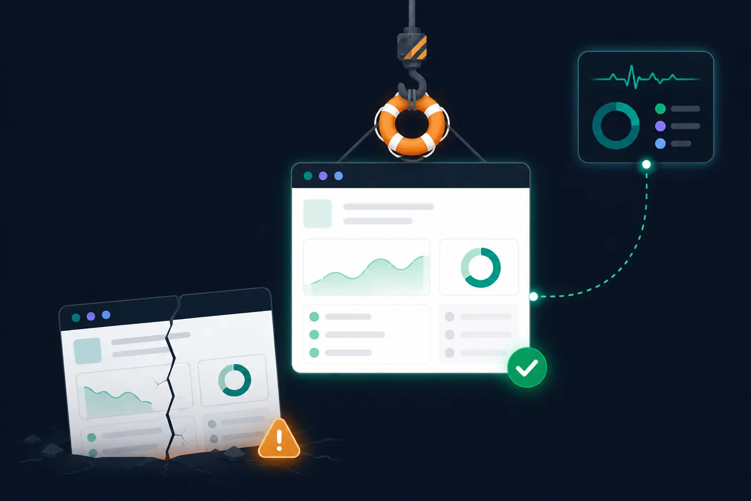 Illustration of rescue mode restoring a broken website from a backup